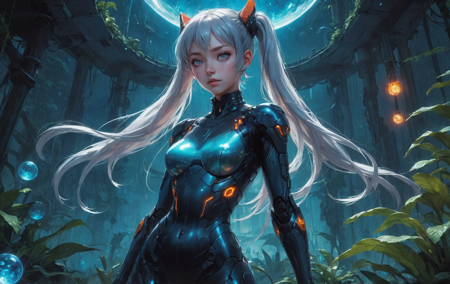 31073421-1136711378-anime style, 1girl, blunt bangs, high ponytail, silver hair, pointy ears, in the depths of a bioluminescent alien jungle, [evang.png